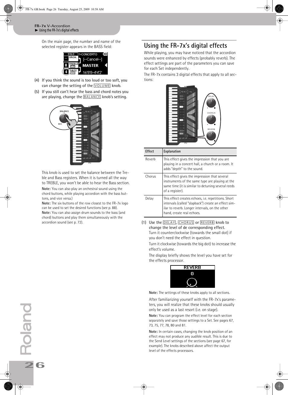 Using the fr7x’s digital effects, Using the fr-7x’s digital effects | Roland FR-7x User Manual | Page 26 / 140