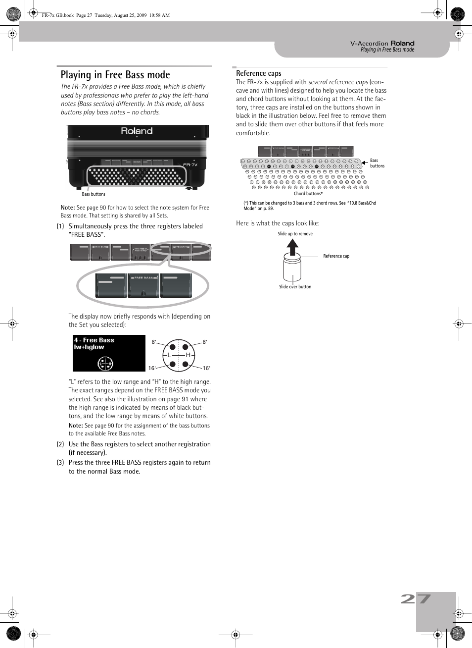 Playing in free bass mode, Reference caps, Playing in free bass mode v-accordion | Bass buttons | Roland FR-7x User Manual | Page 27 / 140