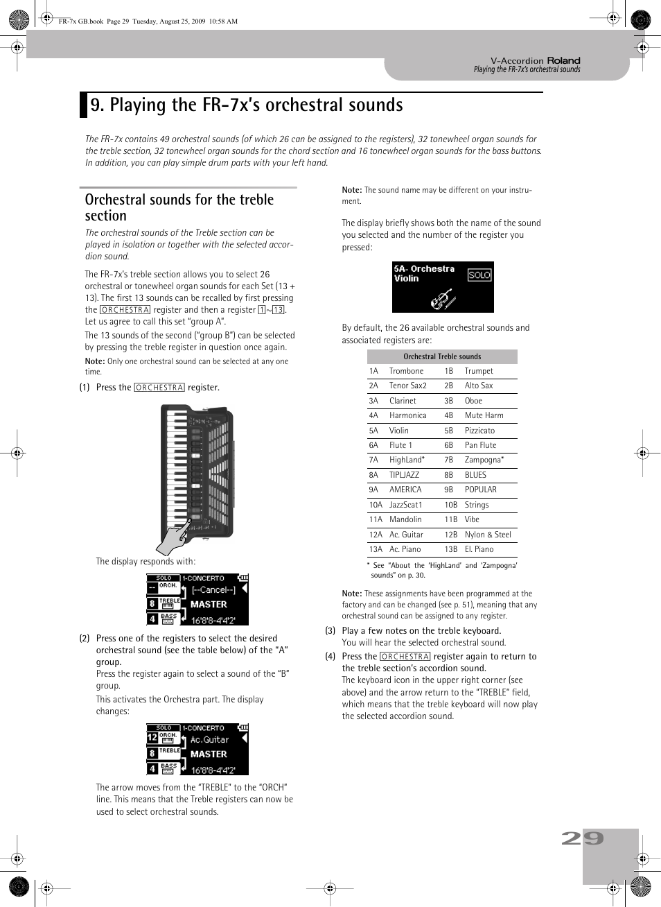 Playing the fr7x’s orchestral sounds, Orchestral sounds for the treble section, Playing the fr-7x’s orchestral sounds | Roland FR-7x User Manual | Page 29 / 140
