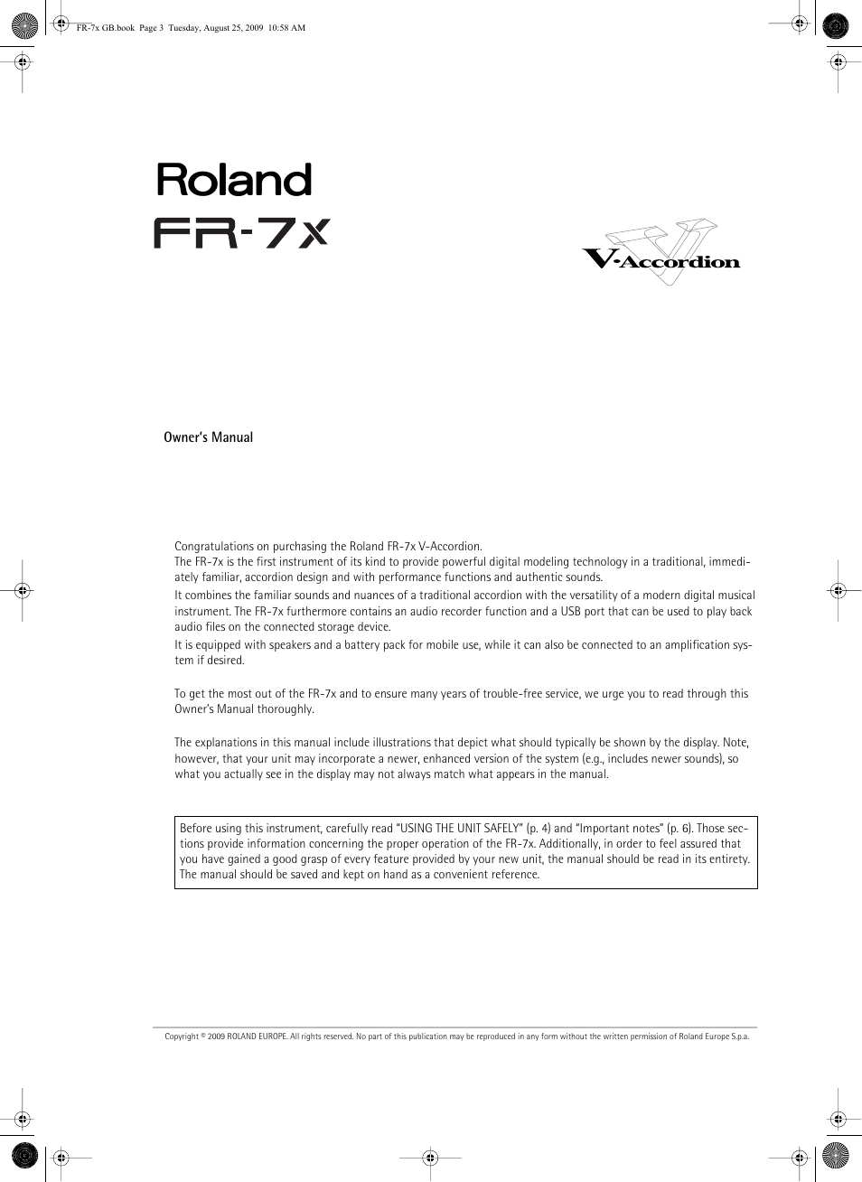 Roland FR-7x User Manual | Page 3 / 140