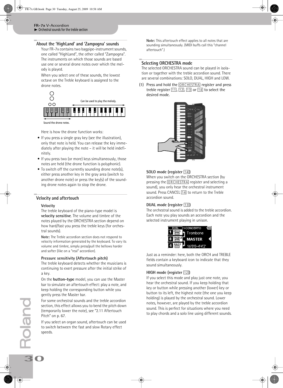 About the ‘highland’ and ‘zampogna’ sounds, Velocity and aftertouch, Selecting orchestra mode | Roland FR-7x User Manual | Page 30 / 140