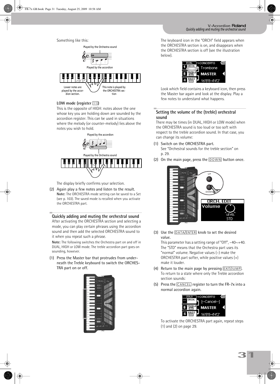 Quickly adding and muting the orchestral sound | Roland FR-7x User Manual | Page 31 / 140