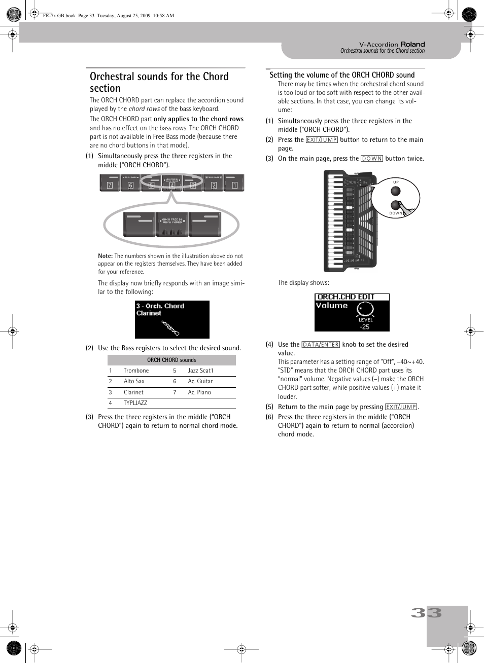 Orchestral sounds for the chord section, Setting the volume of the orch chord sound | Roland FR-7x User Manual | Page 33 / 140