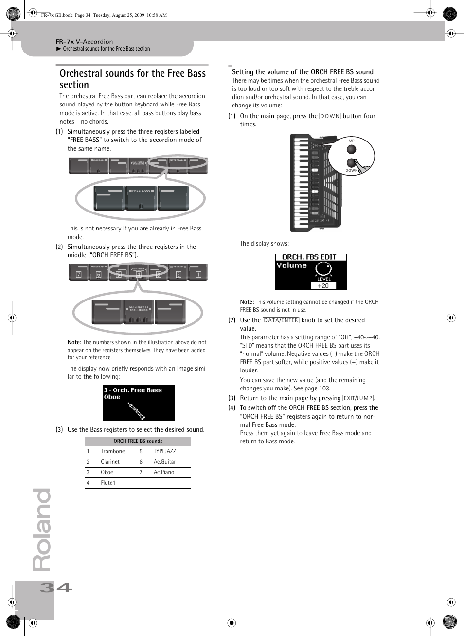 Orchestral sounds for the free bass section, Setting the volume of the orch free bs sound | Roland FR-7x User Manual | Page 34 / 140