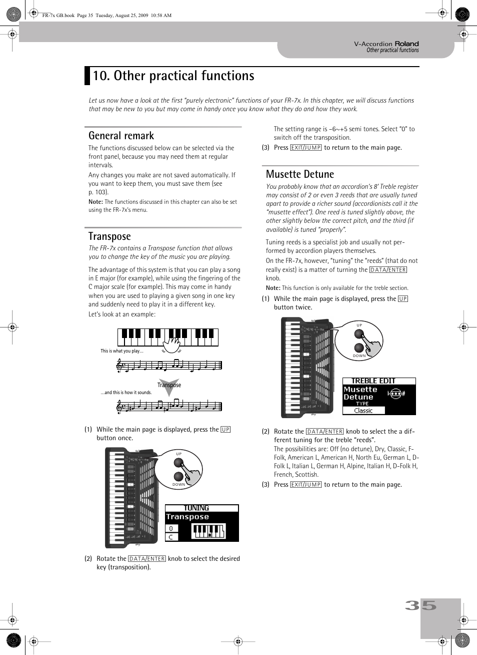 Other practical functions, General remark, Transpose | Musette detune, General remark transpose musette detune | Roland FR-7x User Manual | Page 35 / 140