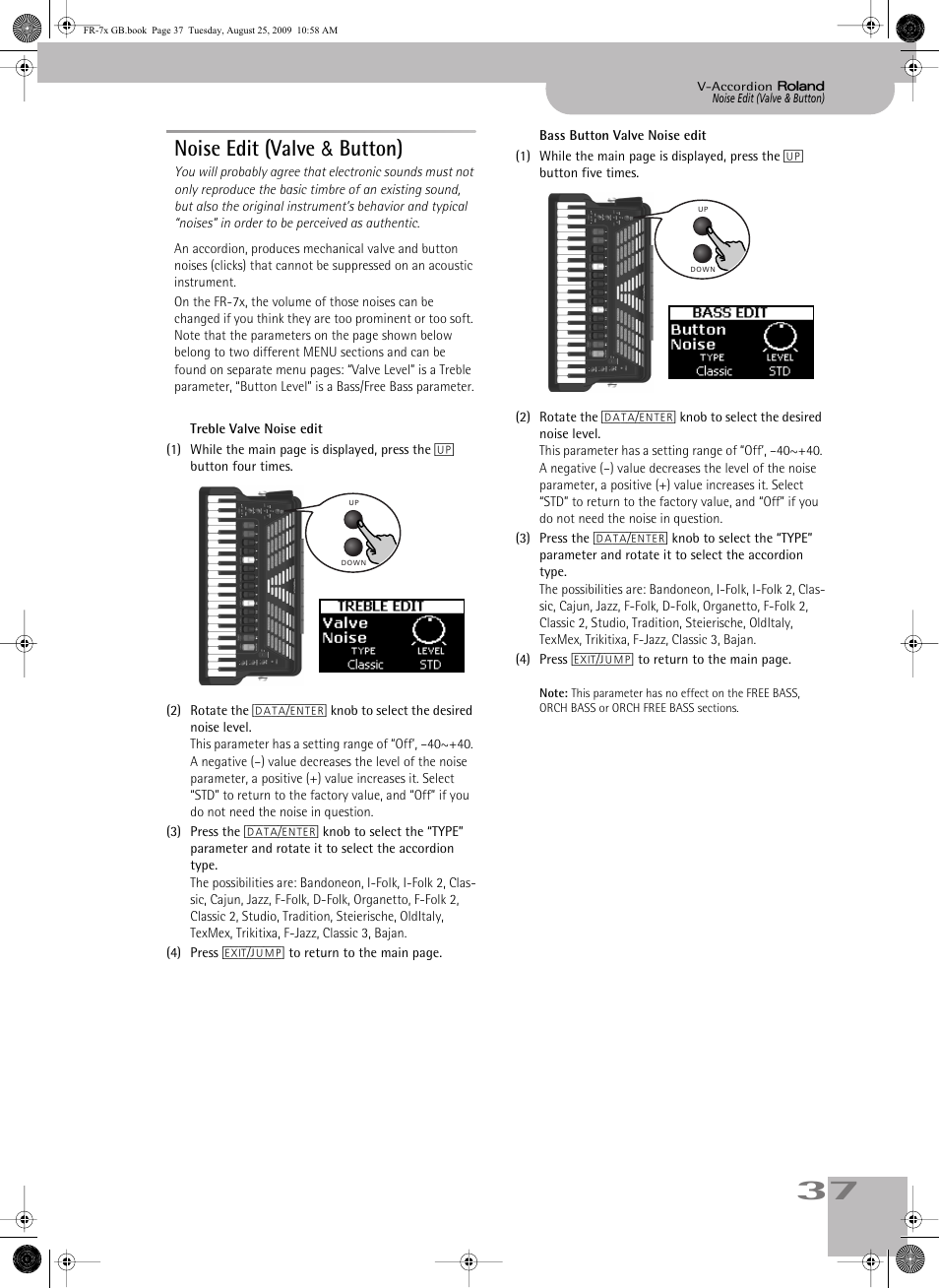 Noise edit (valve & button) | Roland FR-7x User Manual | Page 37 / 140