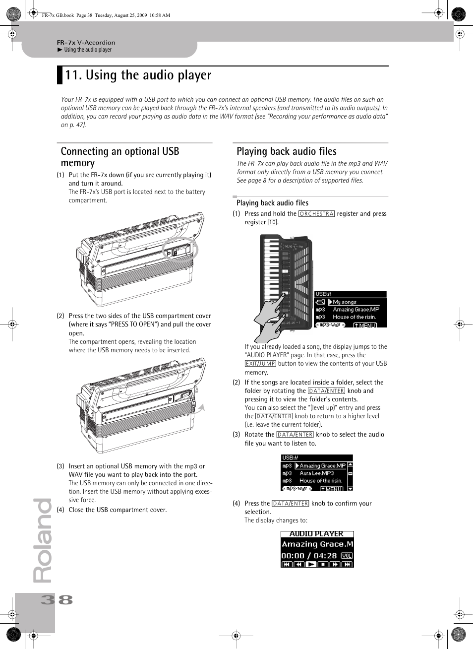 Using the audio player, Connecting an optional usb memory, Playing back audio files | Roland FR-7x User Manual | Page 38 / 140