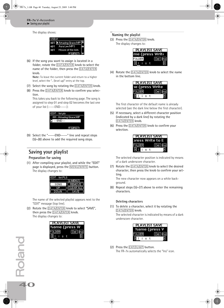 Saving your playlist, Preparation for saving, Naming the playlist | Roland FR-7x User Manual | Page 40 / 140
