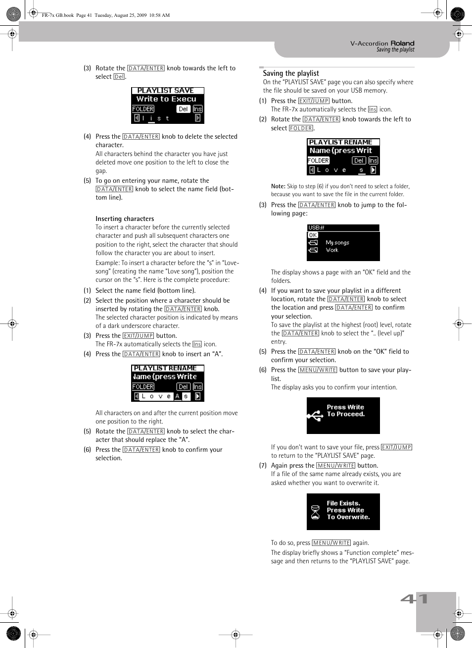 Saving the playlist | Roland FR-7x User Manual | Page 41 / 140