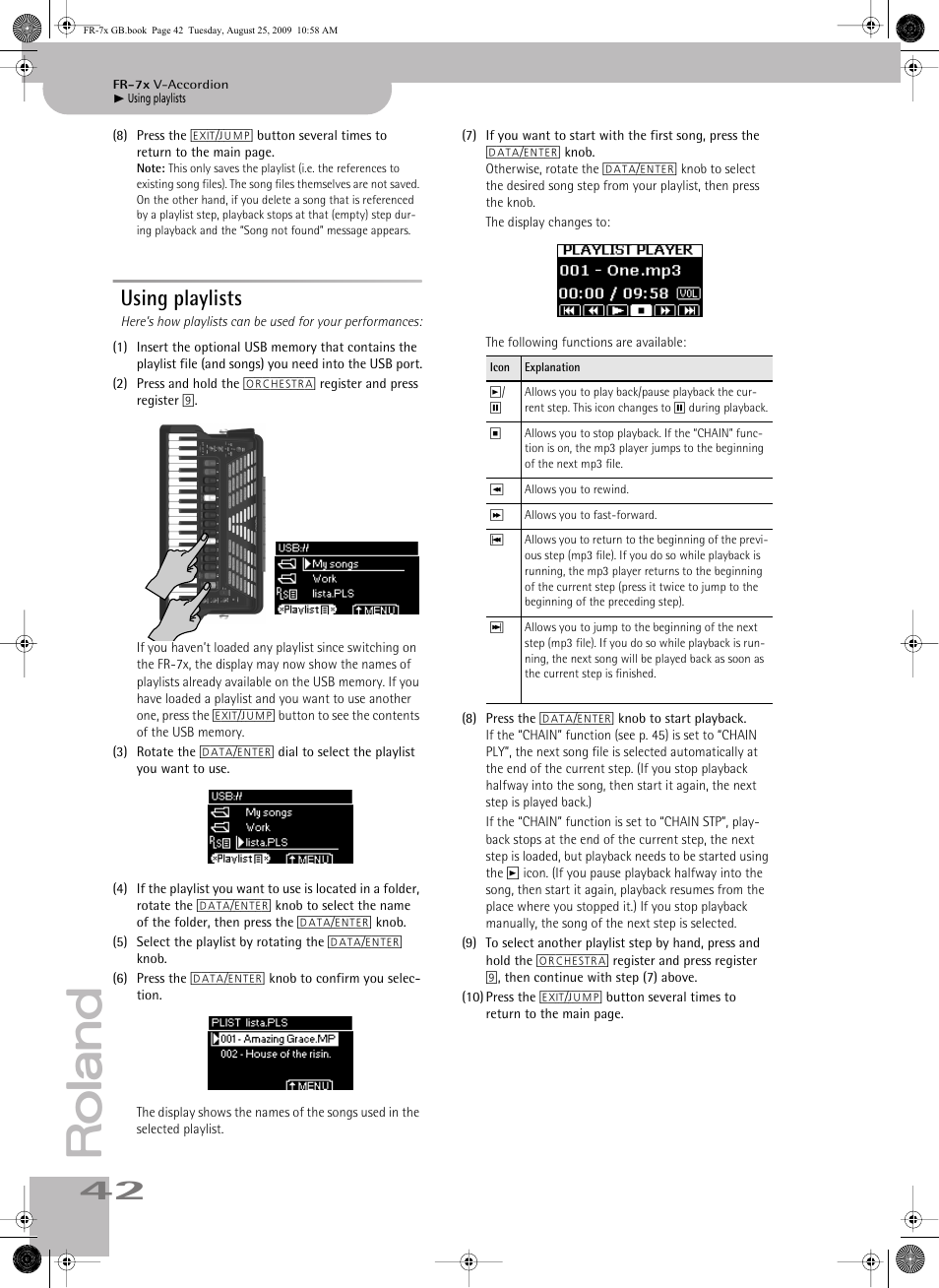 Using playlists | Roland FR-7x User Manual | Page 42 / 140