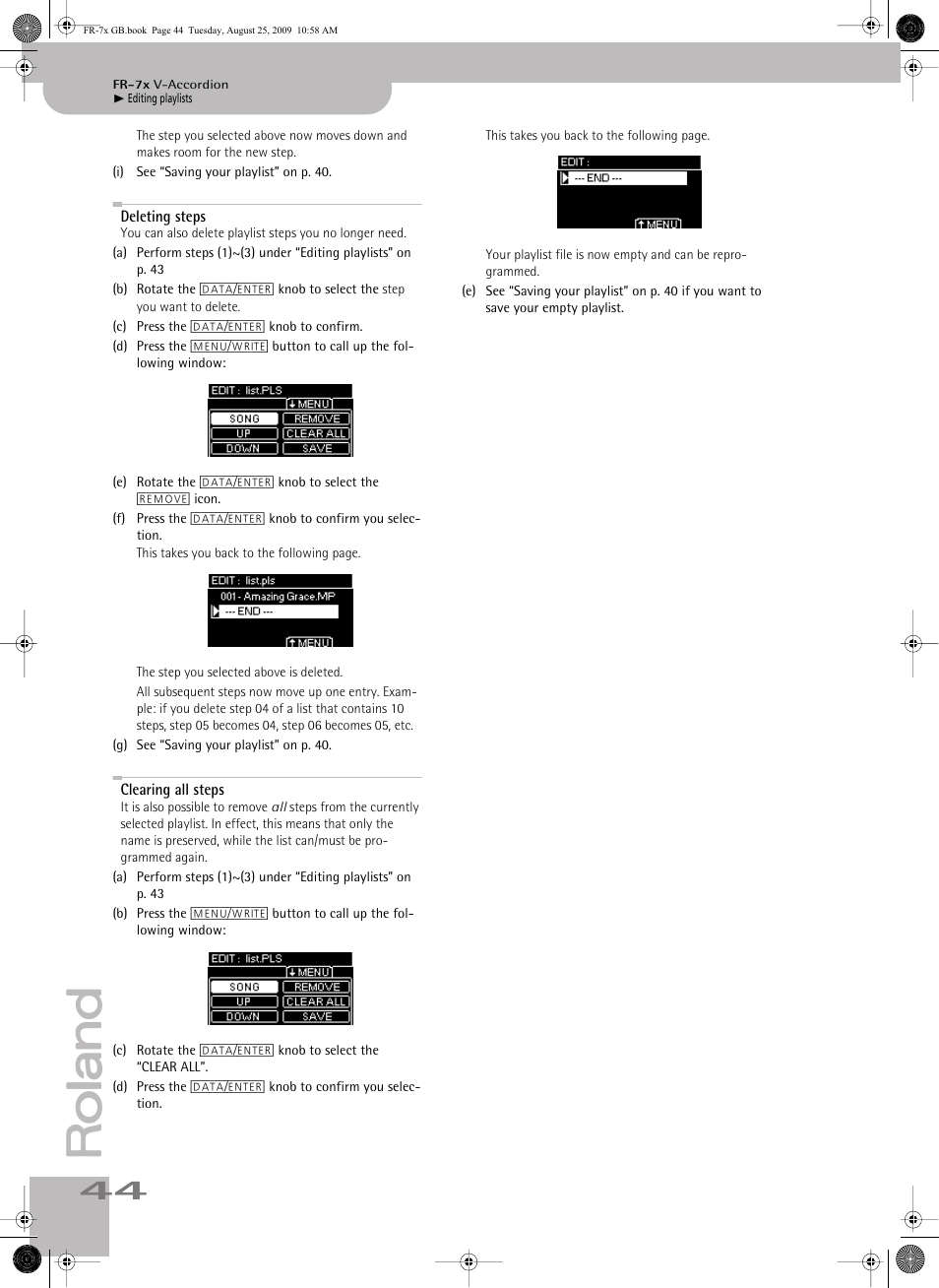 Deleting steps, Clearing all steps | Roland FR-7x User Manual | Page 44 / 140