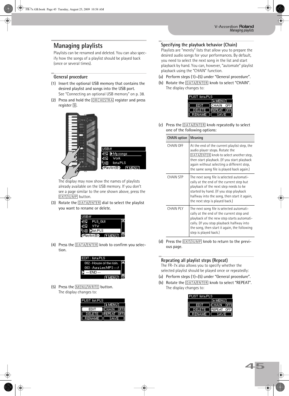 Managing playlists, General procedure, Specifying the playback behavior (chain) | Repeating all playlist steps (repeat) | Roland FR-7x User Manual | Page 45 / 140