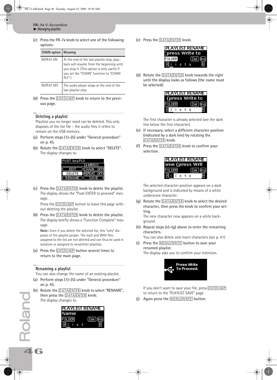 Deleting a playlist, Renaming a playlist | Roland FR-7x User Manual | Page 46 / 140
