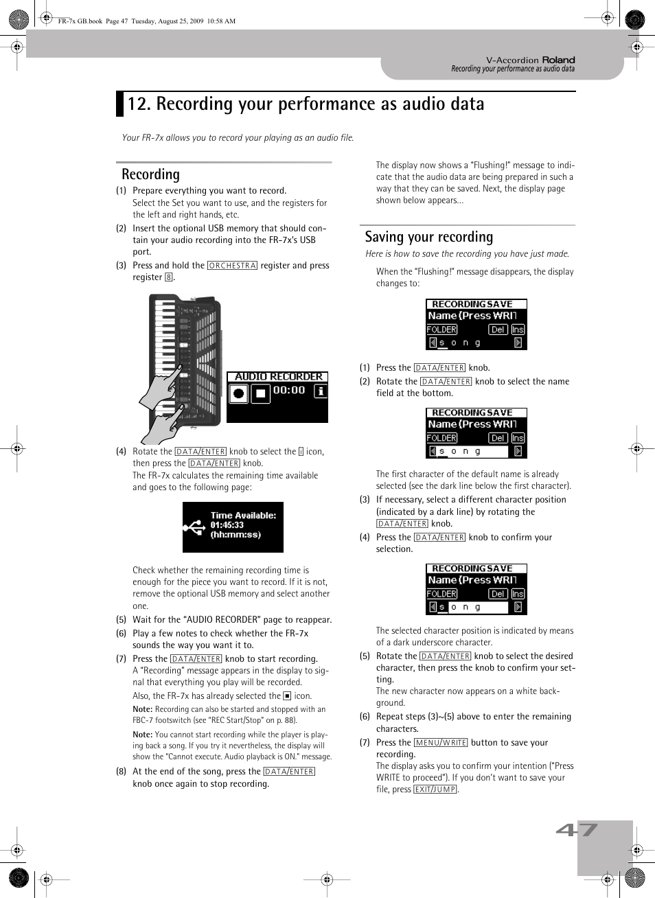 Recording your performance as audio data, Recording, Saving your recording | Recording saving your recording | Roland FR-7x User Manual | Page 47 / 140