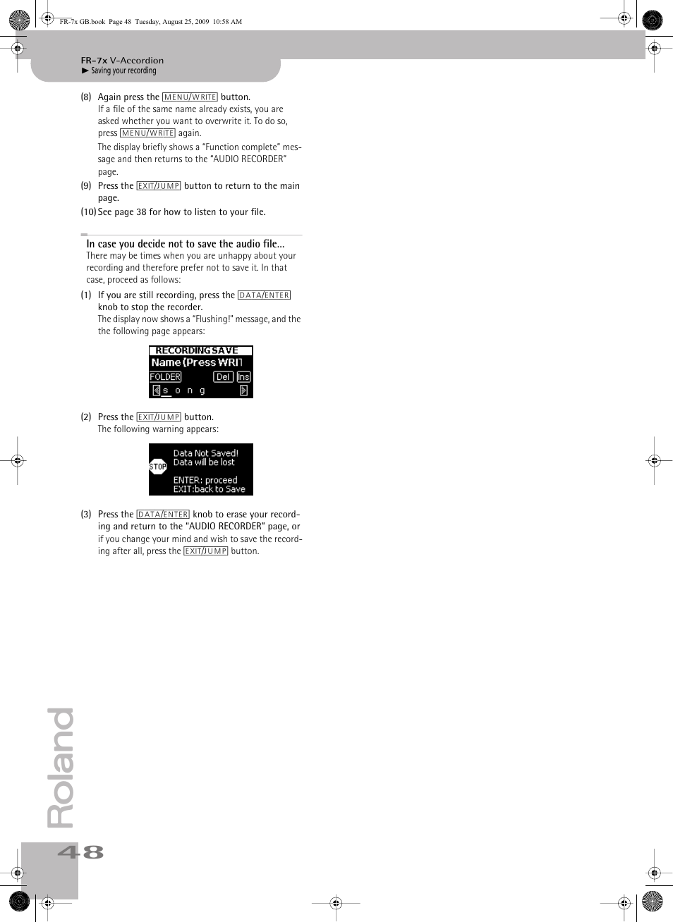 In case you decide not to save the audio file | Roland FR-7x User Manual | Page 48 / 140