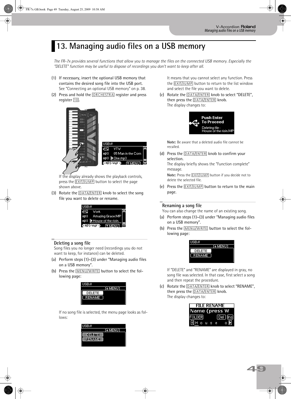 Managing audio files on a usb memory, Deleting a song file, Renaming a song file | Roland FR-7x User Manual | Page 49 / 140