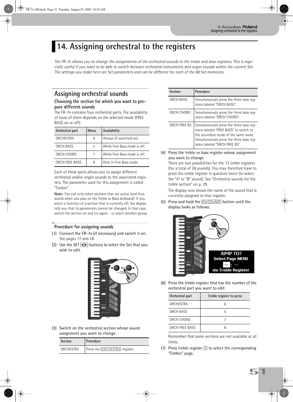 Assigning orchestral to the registers, Assigning orchestral sounds, Procedure for assigning sounds | Roland FR-7x User Manual | Page 51 / 140