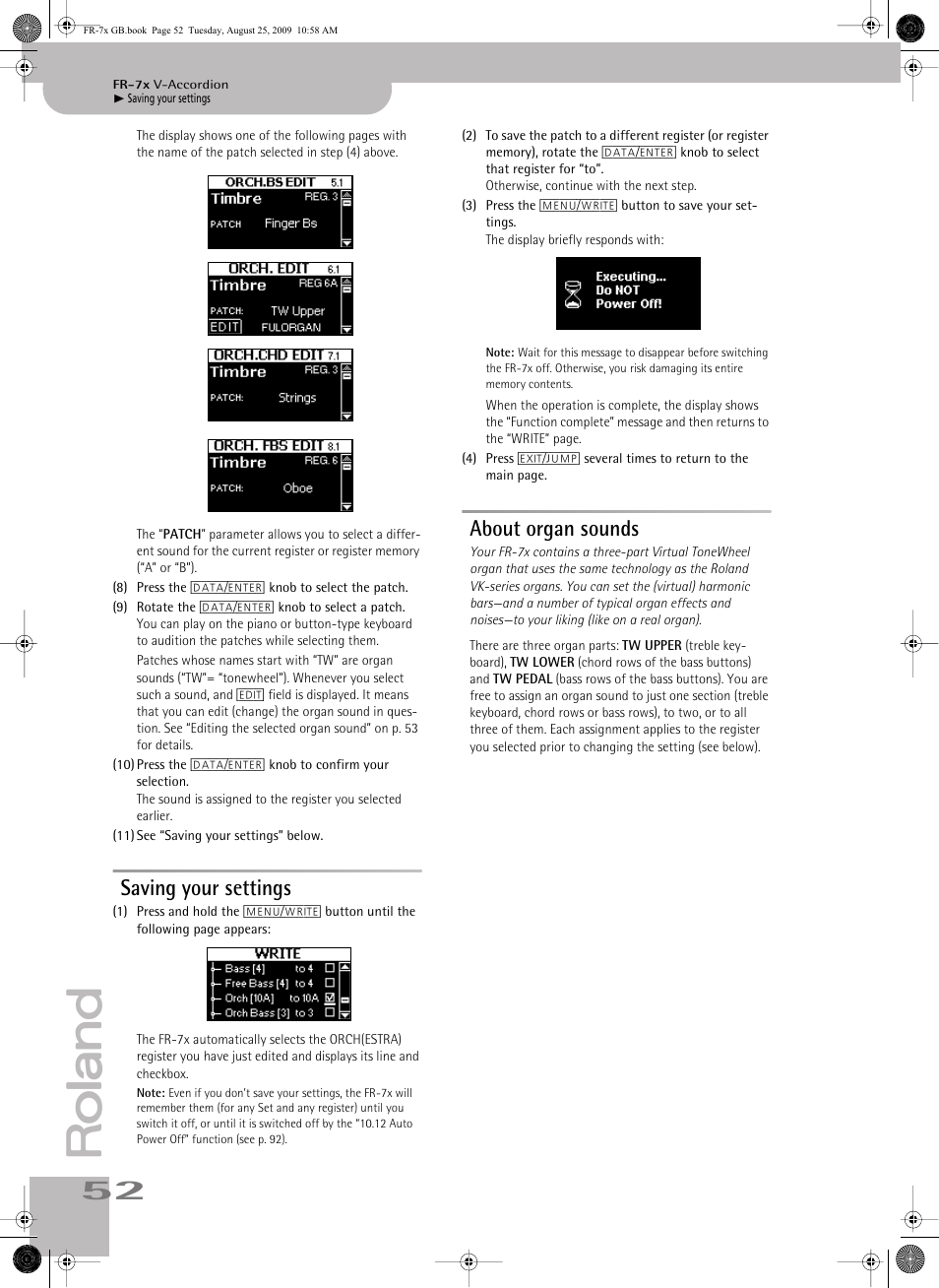 Saving your settings, About organ sounds, Saving your settings about organ sounds | Roland FR-7x User Manual | Page 52 / 140