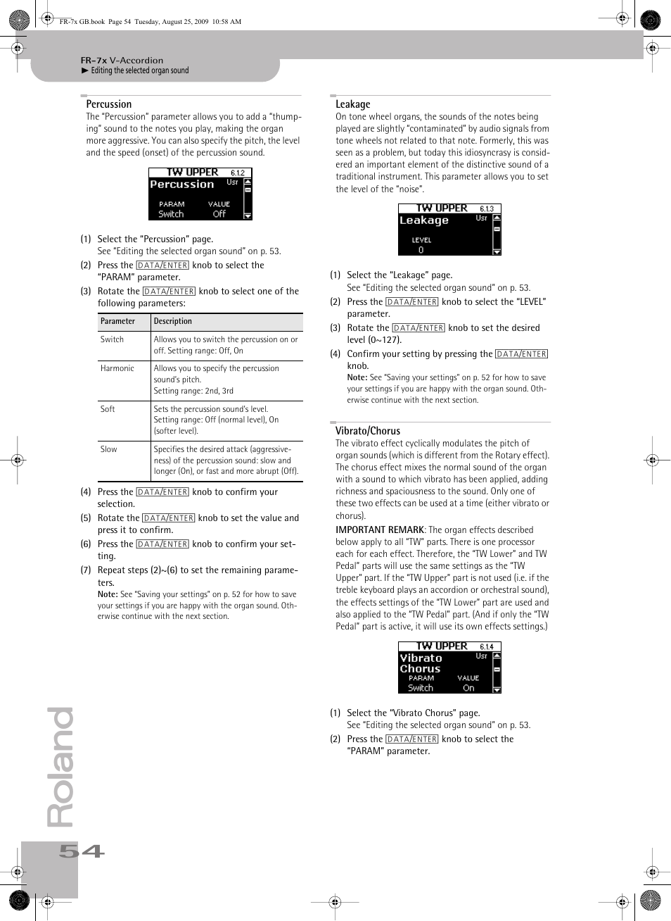 Percussion, Leakage, Vibrato/chorus | Roland FR-7x User Manual | Page 54 / 140