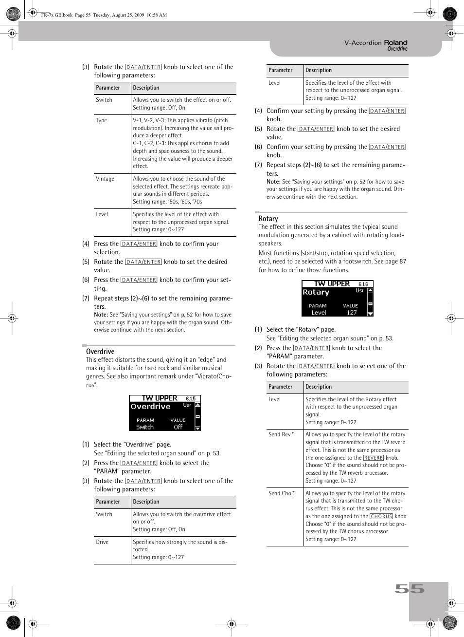 Overdrive, Rotary | Roland FR-7x User Manual | Page 55 / 140