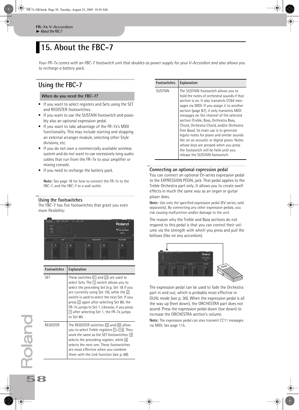 About the fbc7, Using the fbc7, Using the footswitches | Connecting an optional expression pedal, About the fbc-7, Using the fbc-7 | Roland FR-7x User Manual | Page 58 / 140