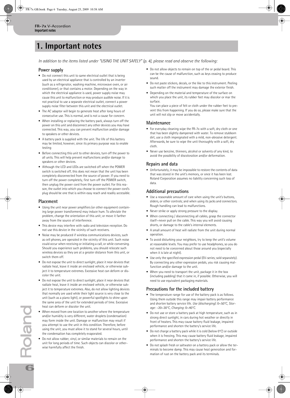 Important notes | Roland FR-7x User Manual | Page 6 / 140