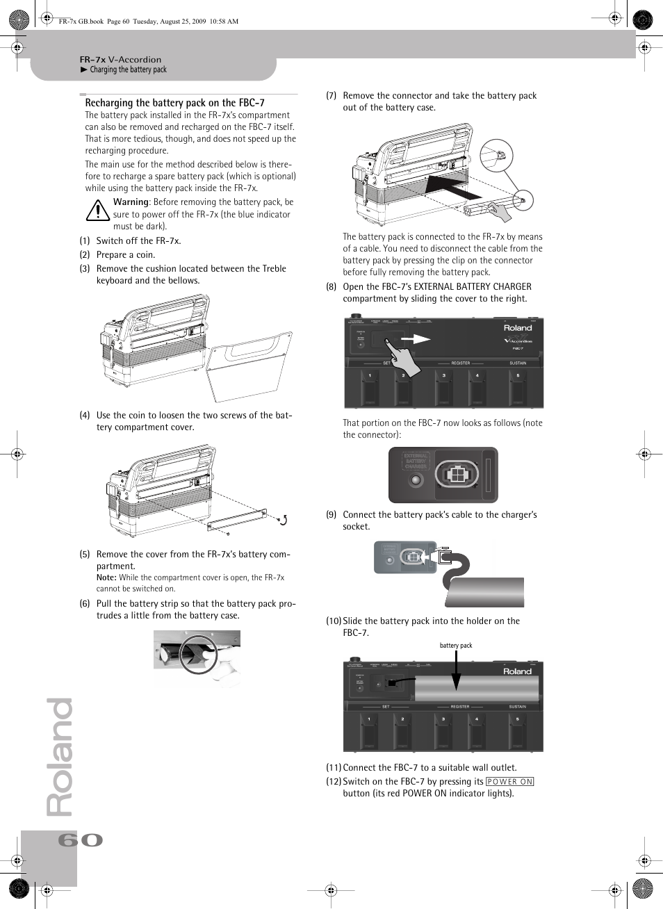 Recharging the battery pack on the fbc7 | Roland FR-7x User Manual | Page 60 / 140