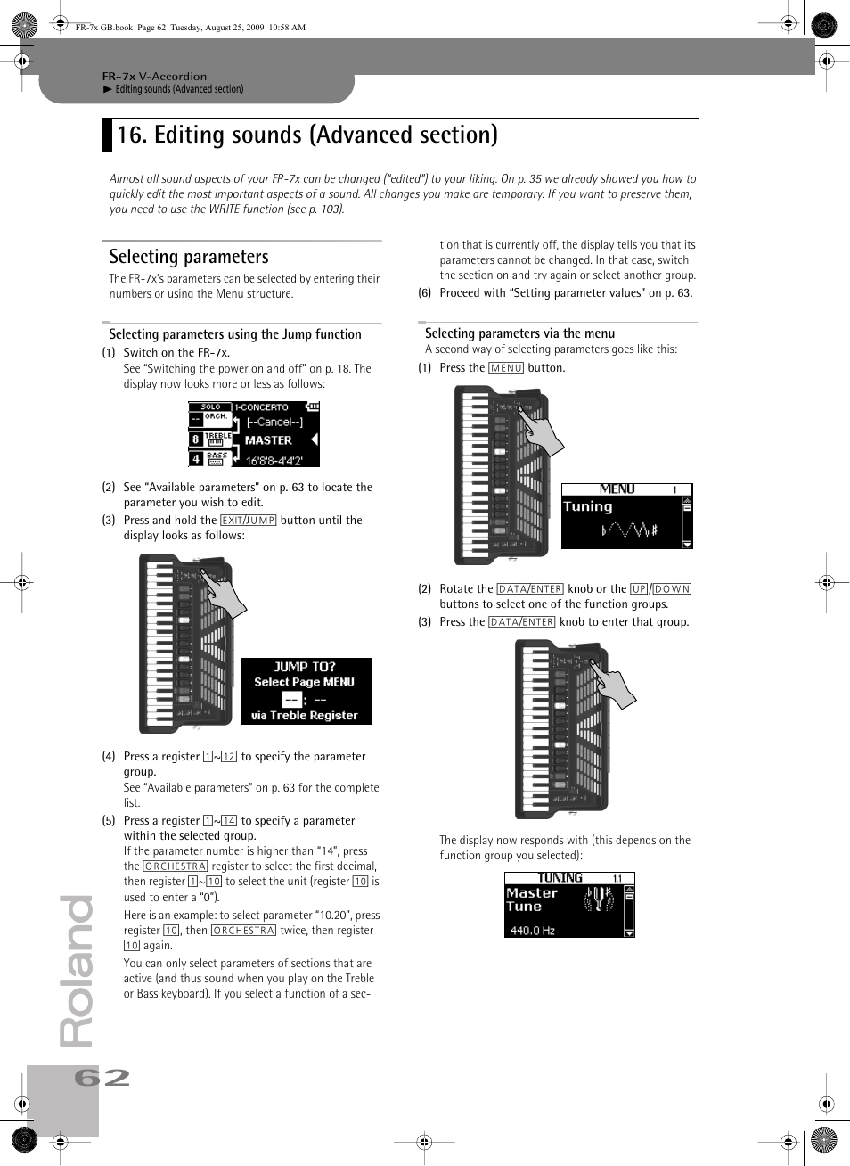 Editing sounds (advanced section), Selecting parameters, Selecting parameters using the jump function | Selecting parameters via the menu | Roland FR-7x User Manual | Page 62 / 140