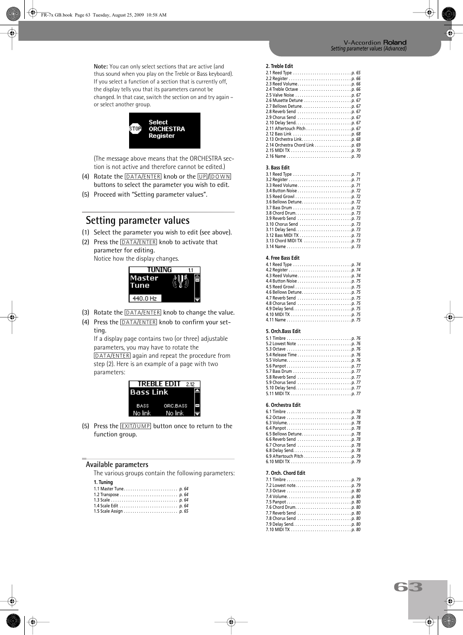 Setting parameter values, Available parameters, See “available parameters” on p. 63 to locate the | Roceed with “setting parameter values” on p. 63 | Roland FR-7x User Manual | Page 63 / 140