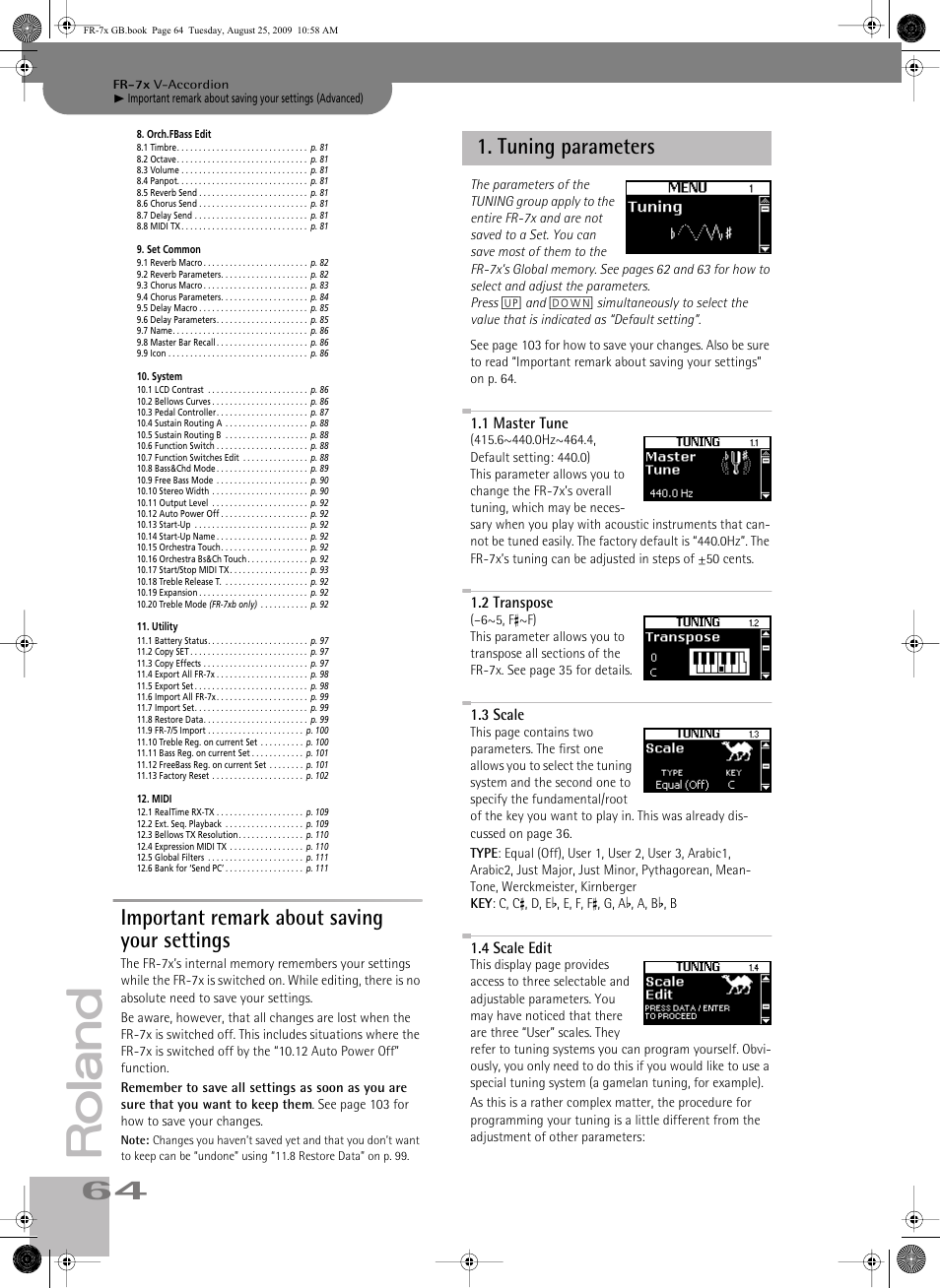 Important remark about saving your settings, tuning parameters, 1master tune | 2transpose, 3scale, 4scale edit, P. 64, Tuning parameters | Roland FR-7x User Manual | Page 64 / 140