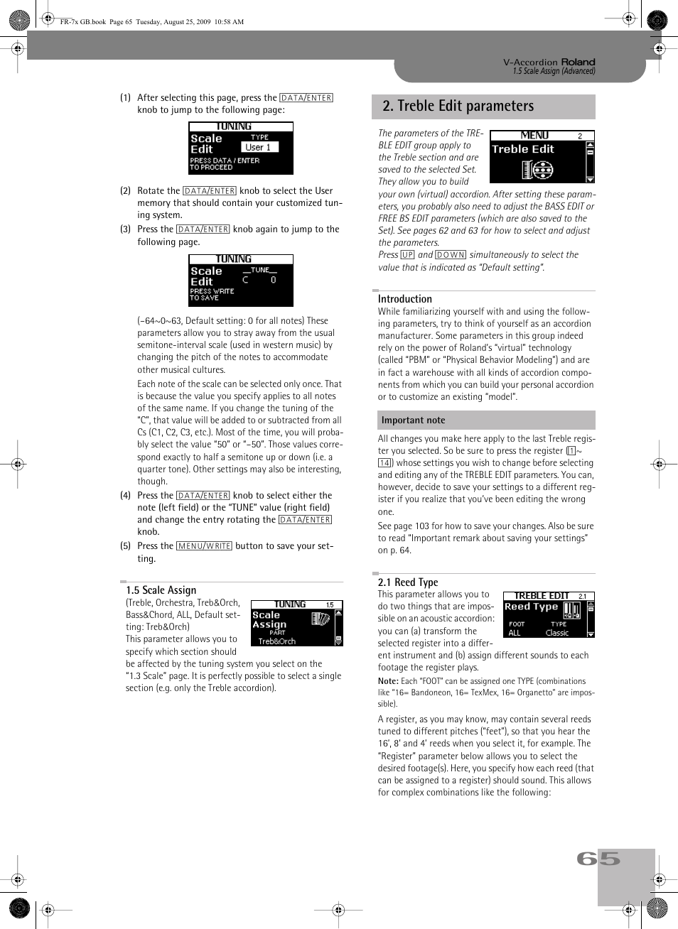 5scale assign, treble edit parameters, Introduction | 1reed type, Treble edit parameters, P. 65 | Roland FR-7x User Manual | Page 65 / 140