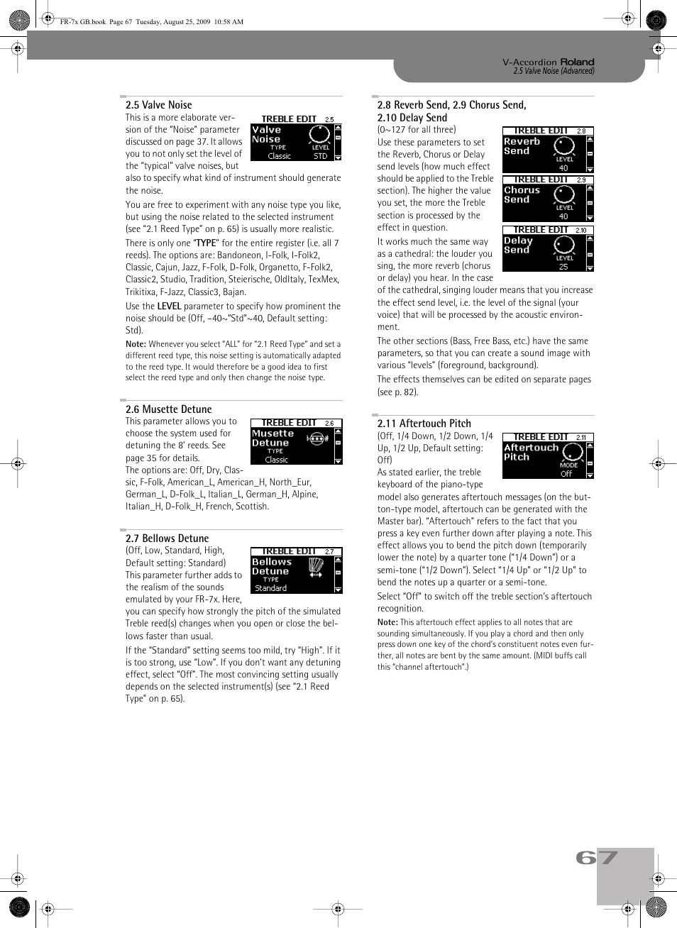 5valve noise, 6musette detune, 7bellows detune | 8reverb send, 2.9chorussend, 2.10delaysend, 11aftertouch pitch, P. 67 | Roland FR-7x User Manual | Page 67 / 140