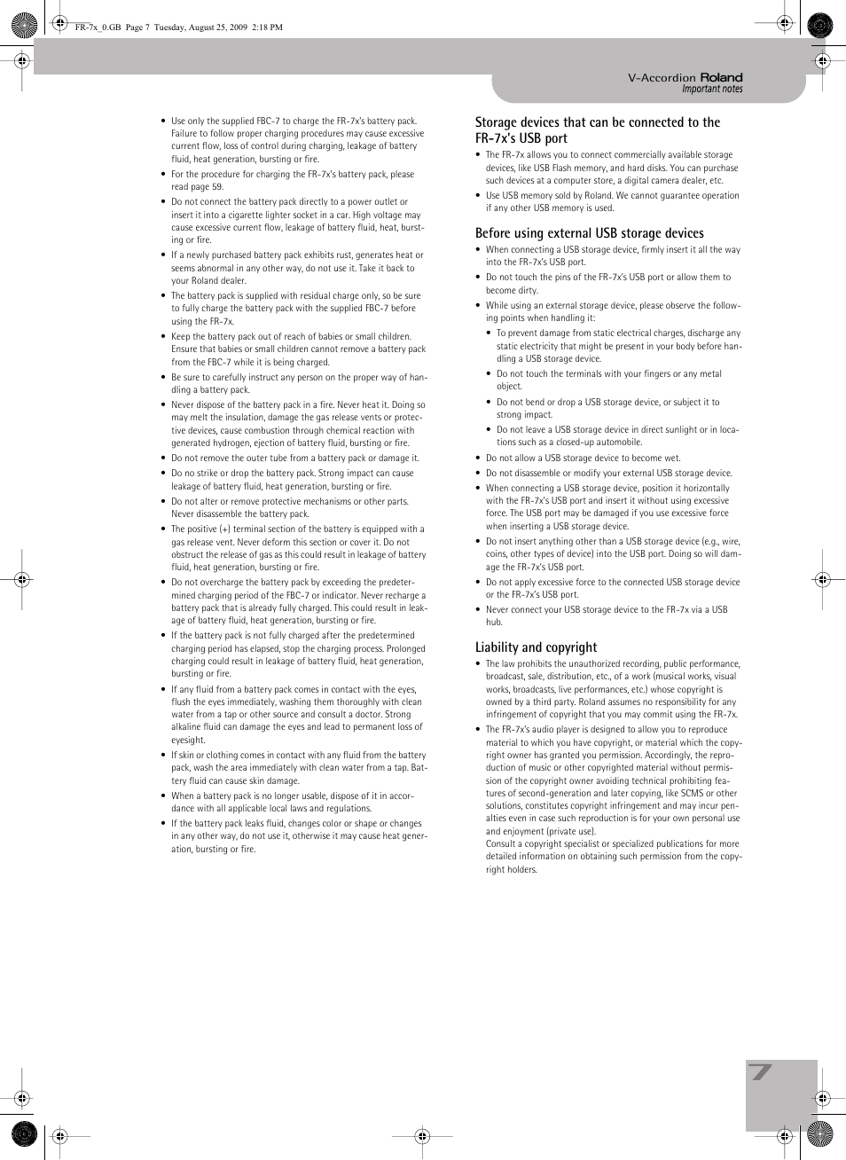 Before using external usb storage devices, Liability and copyright | Roland FR-7x User Manual | Page 7 / 140