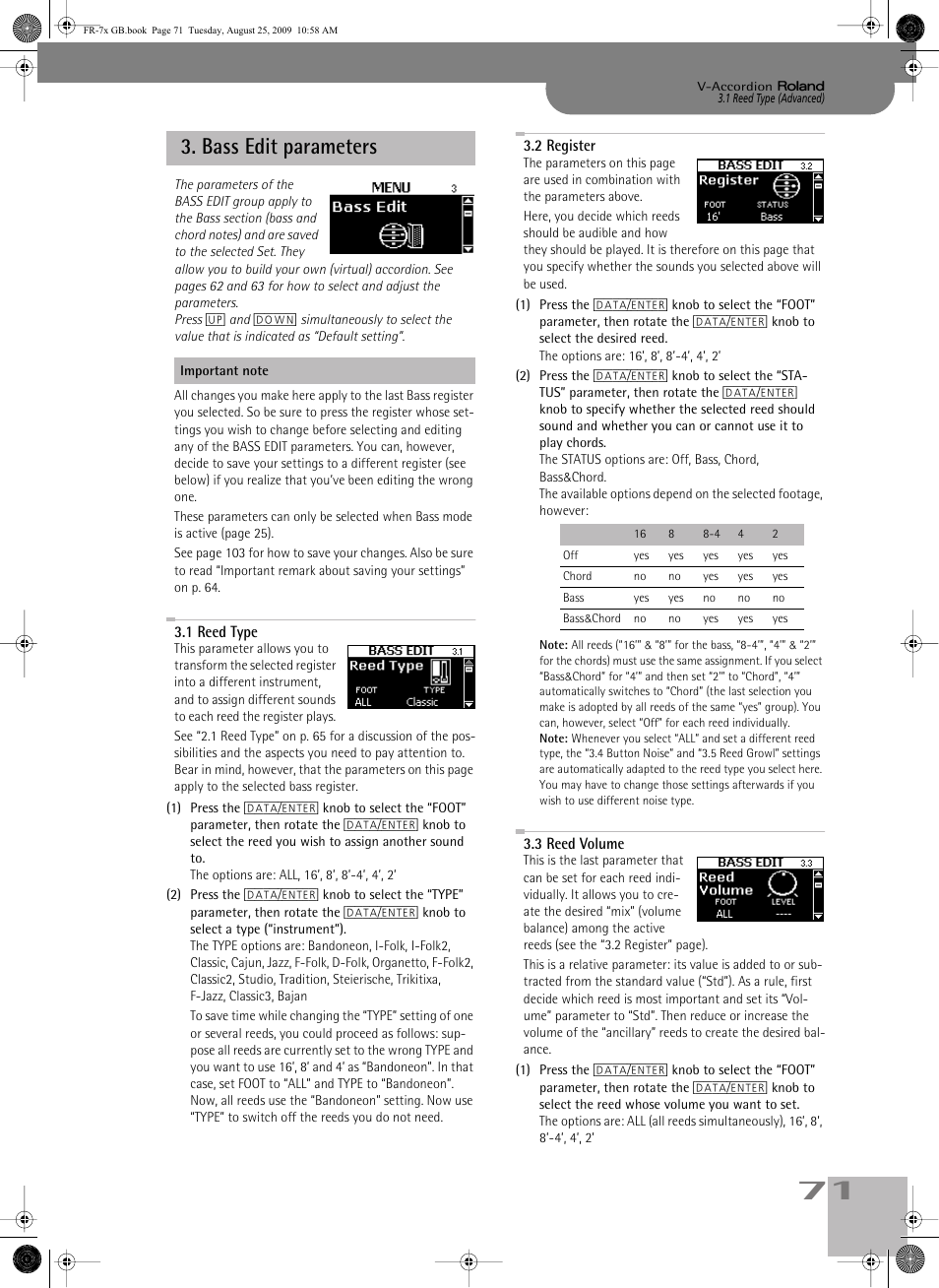 bass edit parameters, 1reed type, 2register | 3reed volume, Bass edit parameters, P. 71 | Roland FR-7x User Manual | Page 71 / 140