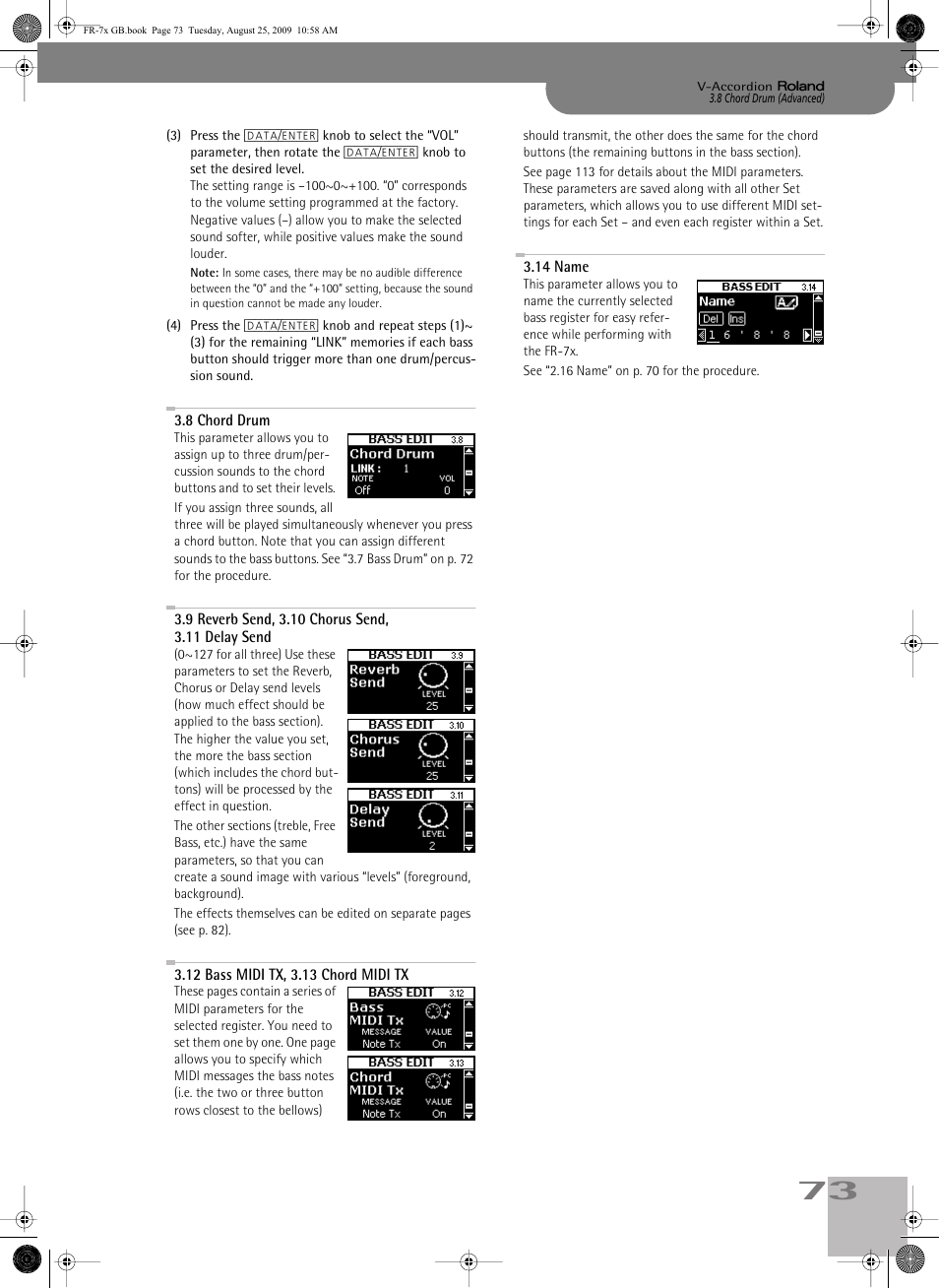 8chord drum, 9reverb send, 3.10chorus send, 3.11delaysend, 12bass midi tx, 3.13chord midi tx | 14name, 73, 75, 77, 78, 80 and 81, P. 73 | Roland FR-7x User Manual | Page 73 / 140