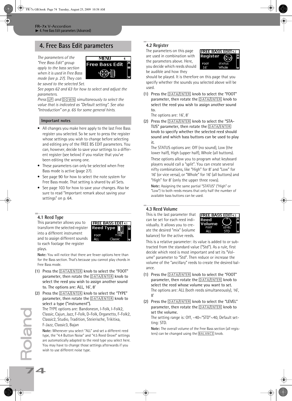 free bass edit parameters, 1reed type, 2register | 3reed volume, Free bass edit parameters, P. 74 | Roland FR-7x User Manual | Page 74 / 140