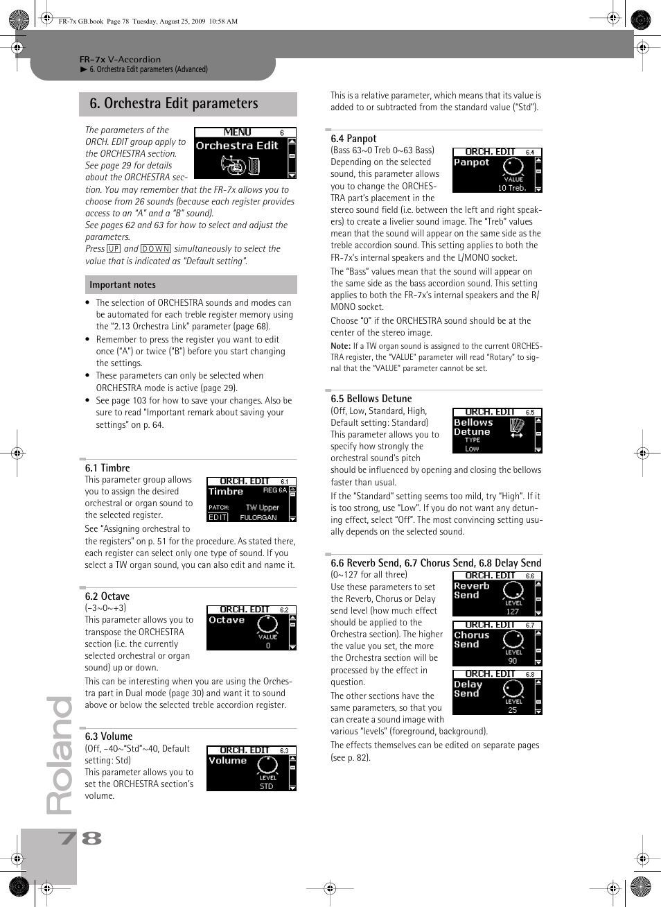 orchestra edit parameters, 1timbre, 2octave | 3volume, 4panpot, 5bellows detune, 6reverb send, 6.7chorus send, 6.8delaysend, Orchestra edit parameters, P. 78 | Roland FR-7x User Manual | Page 78 / 140