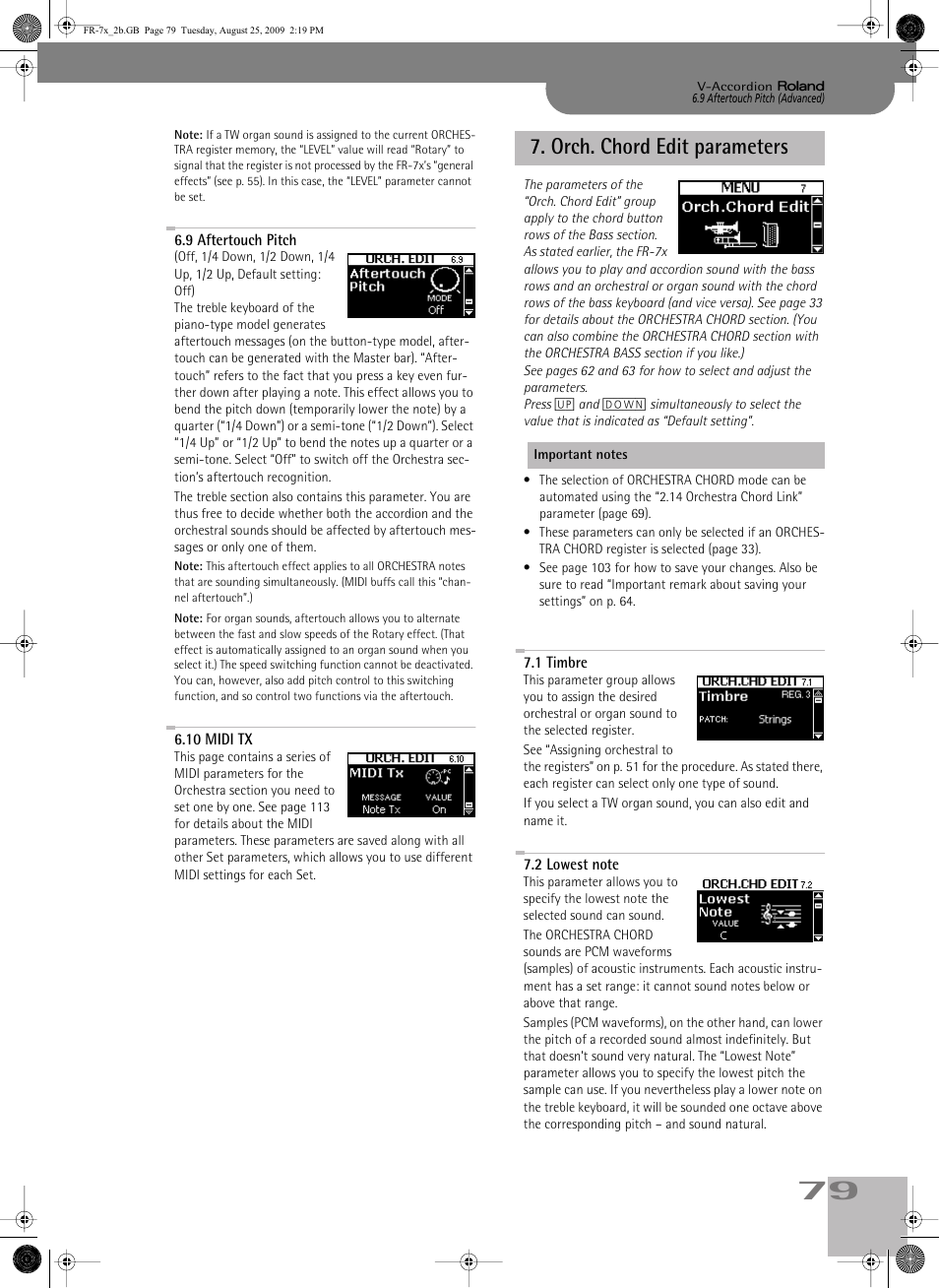 9aftertouch pitch, 10midi tx, orch. chord edit parameters | 1timbre, 2lowest note, Orch. chord edit parameters, P. 79 | Roland FR-7x User Manual | Page 79 / 140