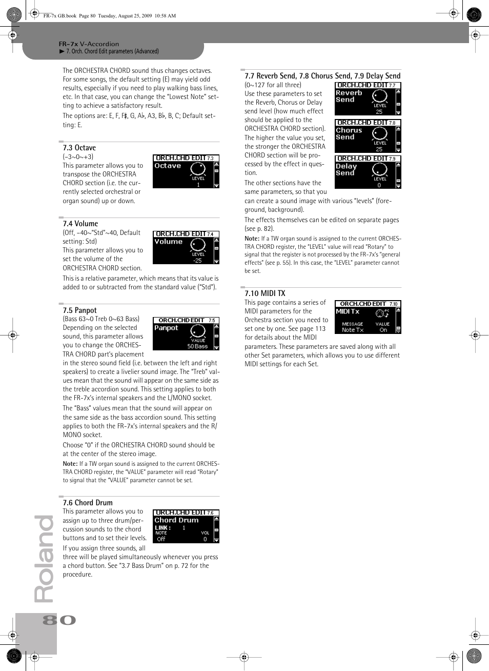 3octave, 4volume, 5panpot | 6chord drum, 7reverb send, 7.8chorus send, 7.9delaysend, 10midi tx, P. 80 | Roland FR-7x User Manual | Page 80 / 140