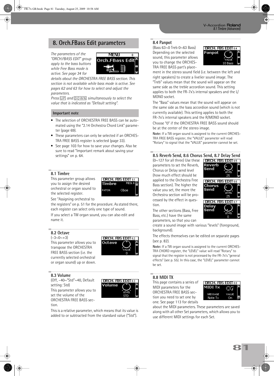 orch.fbass edit parameters, 1timbre, 2octave | 3volume, 4panpot, 5reverb send, 8.6chorus send, 8.7delaysend, 8midi tx, Orch.fbass edit parameters, P. 81 | Roland FR-7x User Manual | Page 81 / 140
