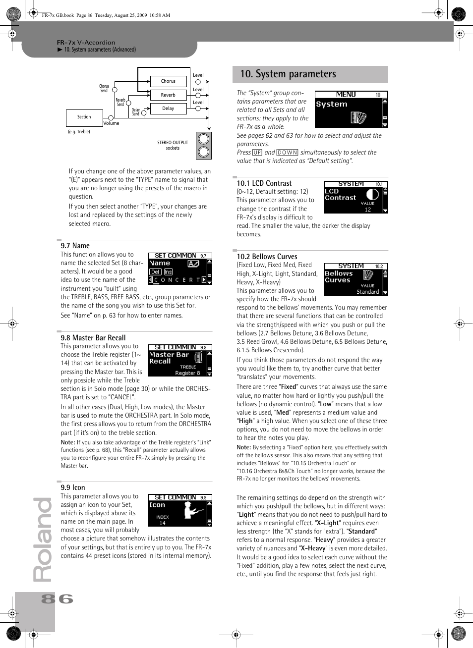 7name, 8master bar recall, 9icon | system parameters, 1lcd contrast, 2bellows curves, System parameters, P. 86 | Roland FR-7x User Manual | Page 86 / 140