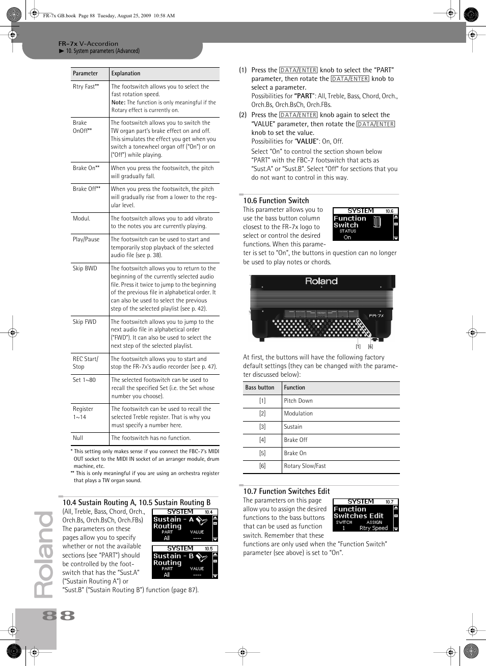 4sustain routing a, 10.5sustain routing b, 6function switch, 7function switches edit | Fbc-7 footswitch (see p. 88), P. 88), P. 88, Sust.b, Start/stop, Intro, Fill up | Roland FR-7x User Manual | Page 88 / 140