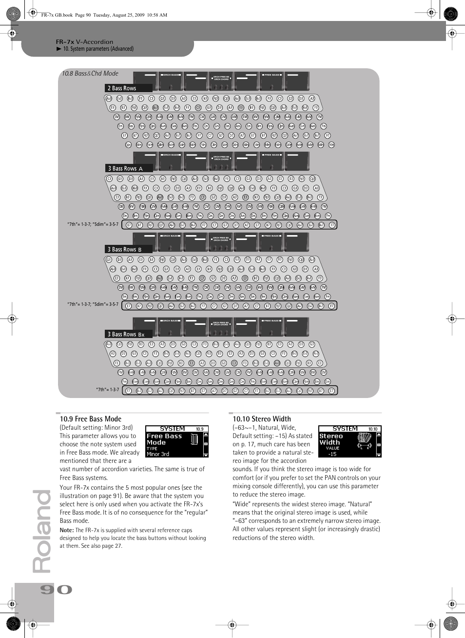 9free bass mode, 10stereo width, This setting can be changed, however (see p. 90) | P. 90, 9 free bass mode, 10 stereo width, System parameters (advanced), Fr-7x v-accordion | Roland FR-7x User Manual | Page 90 / 140
