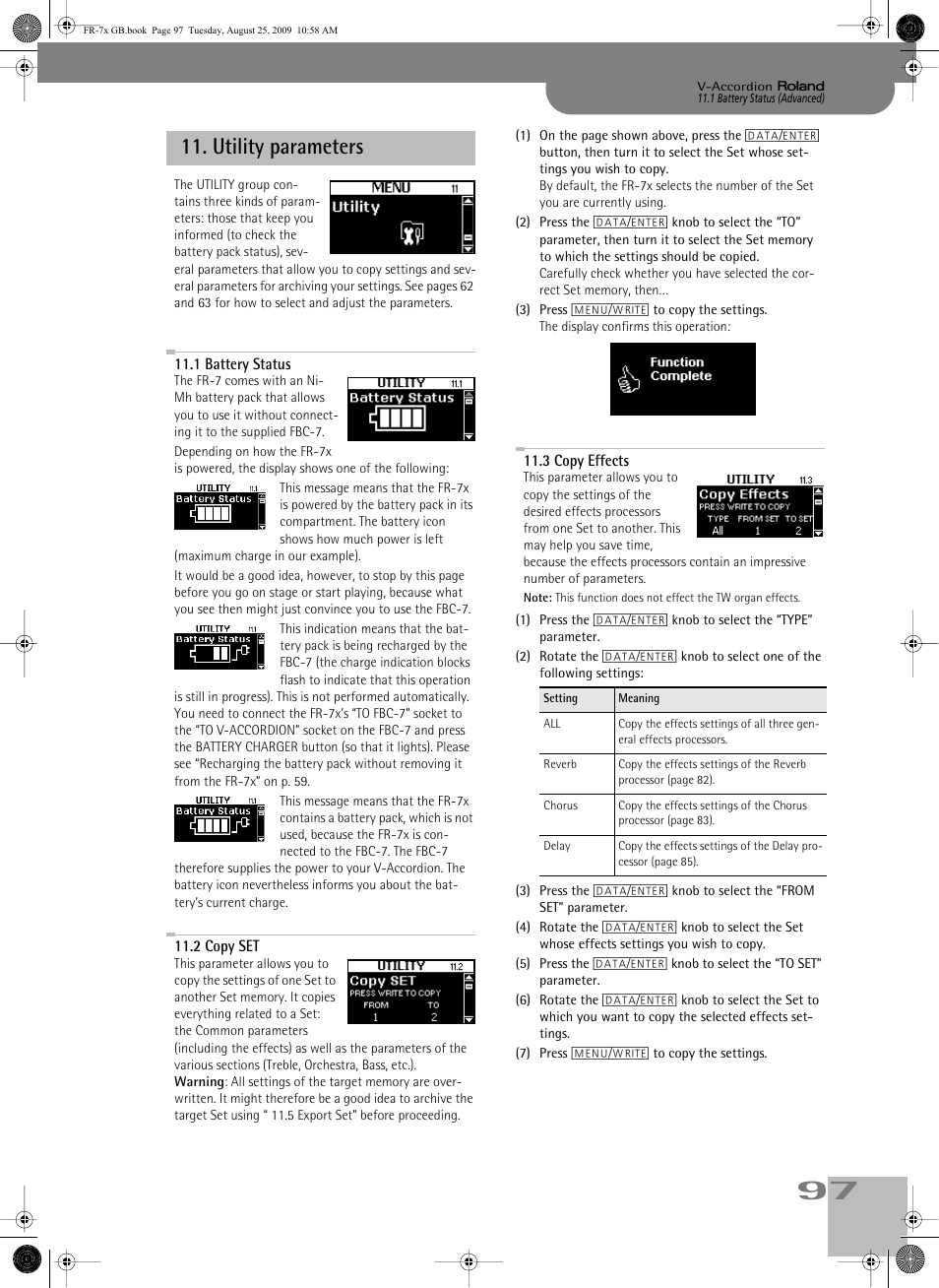 utility parameters, 1battery status, 2copy set | 3copy effects, Utility parameters, P. 97 | Roland FR-7x User Manual | Page 97 / 140