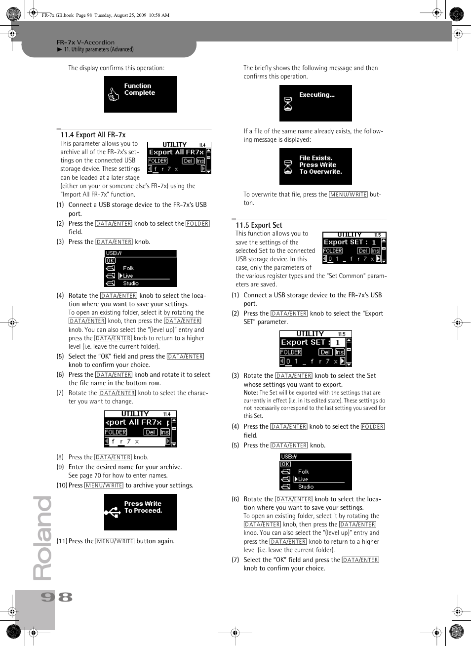 4export all fr7x, 5export set, P. 98 | Roland FR-7x User Manual | Page 98 / 140