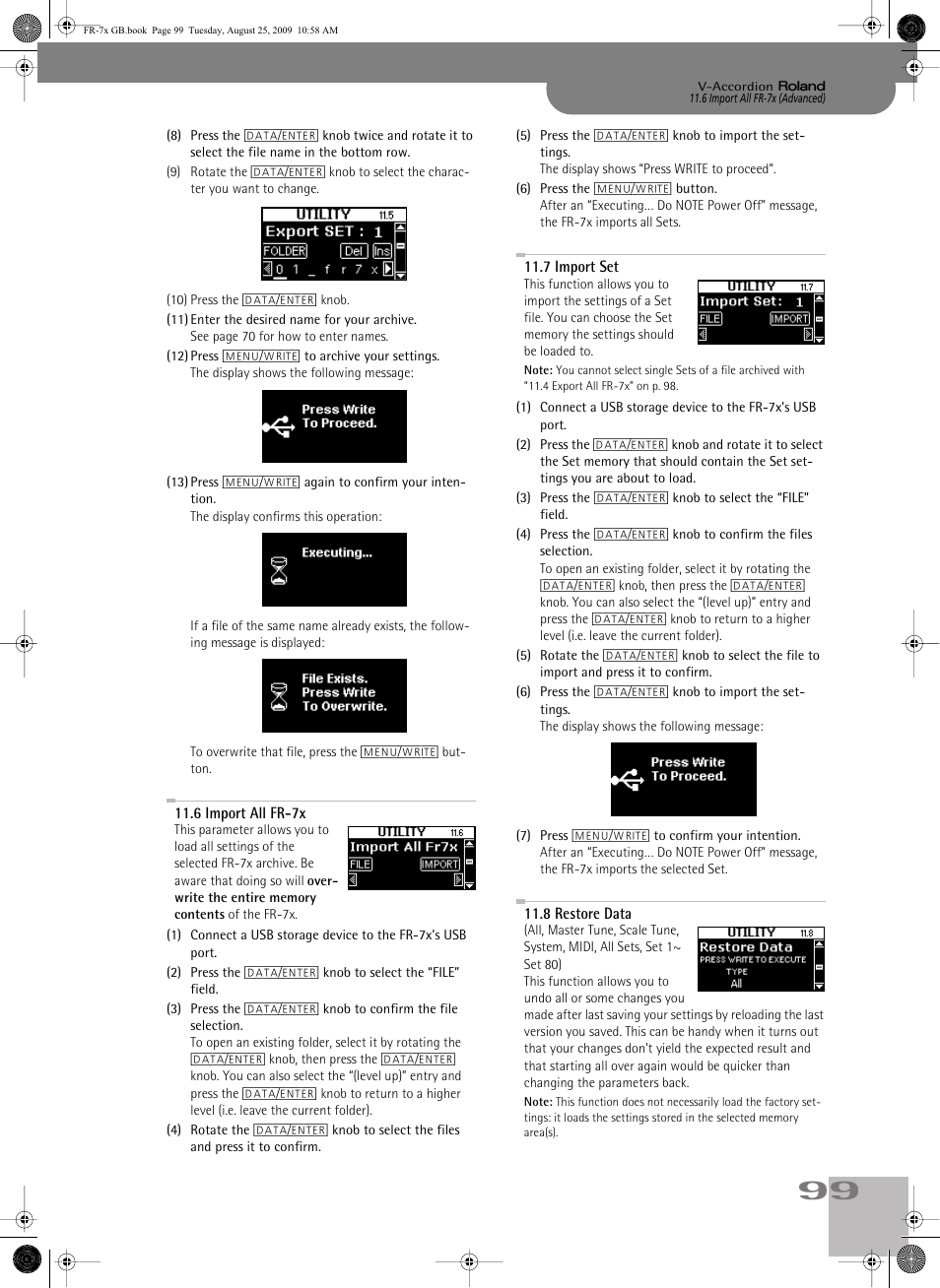 6import all fr7x, 7import set, 8restore data | P. 99 | Roland FR-7x User Manual | Page 99 / 140