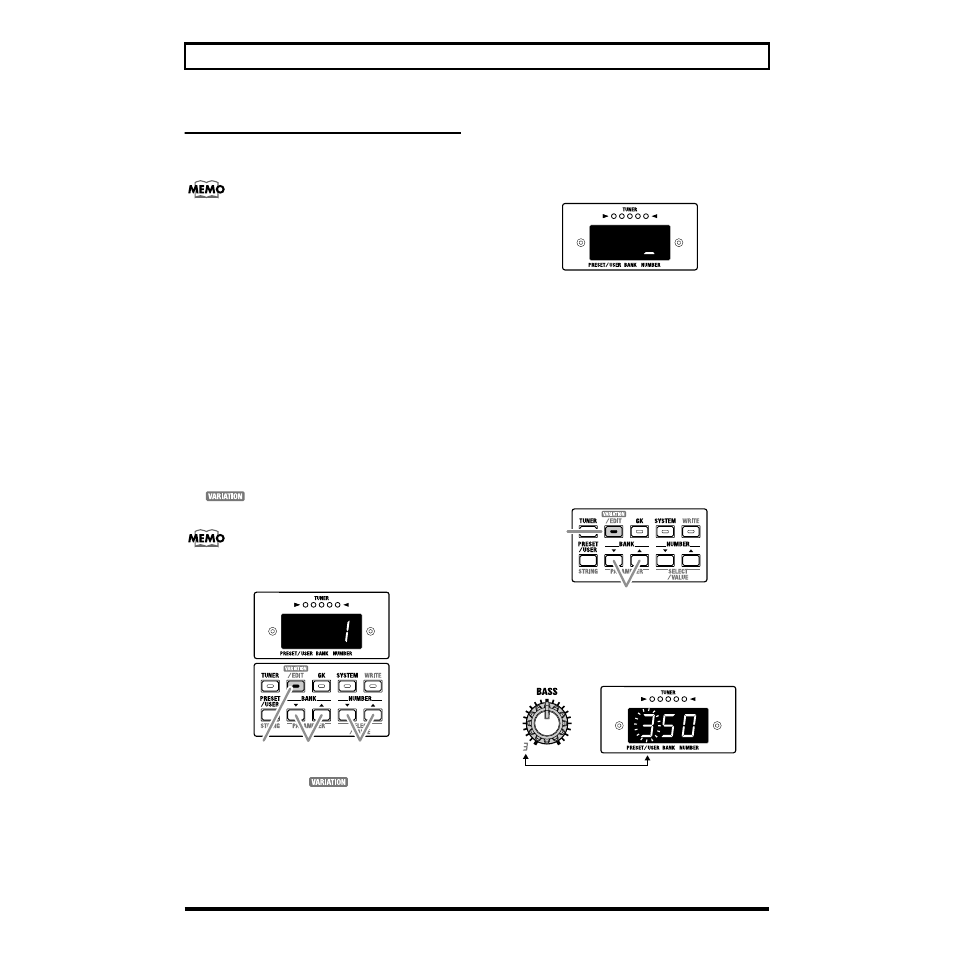 Changing patch settings, Selecting variations, Checking the settings of a knob | Roland V-GUITAR VGA-7 User Manual | Page 23 / 56