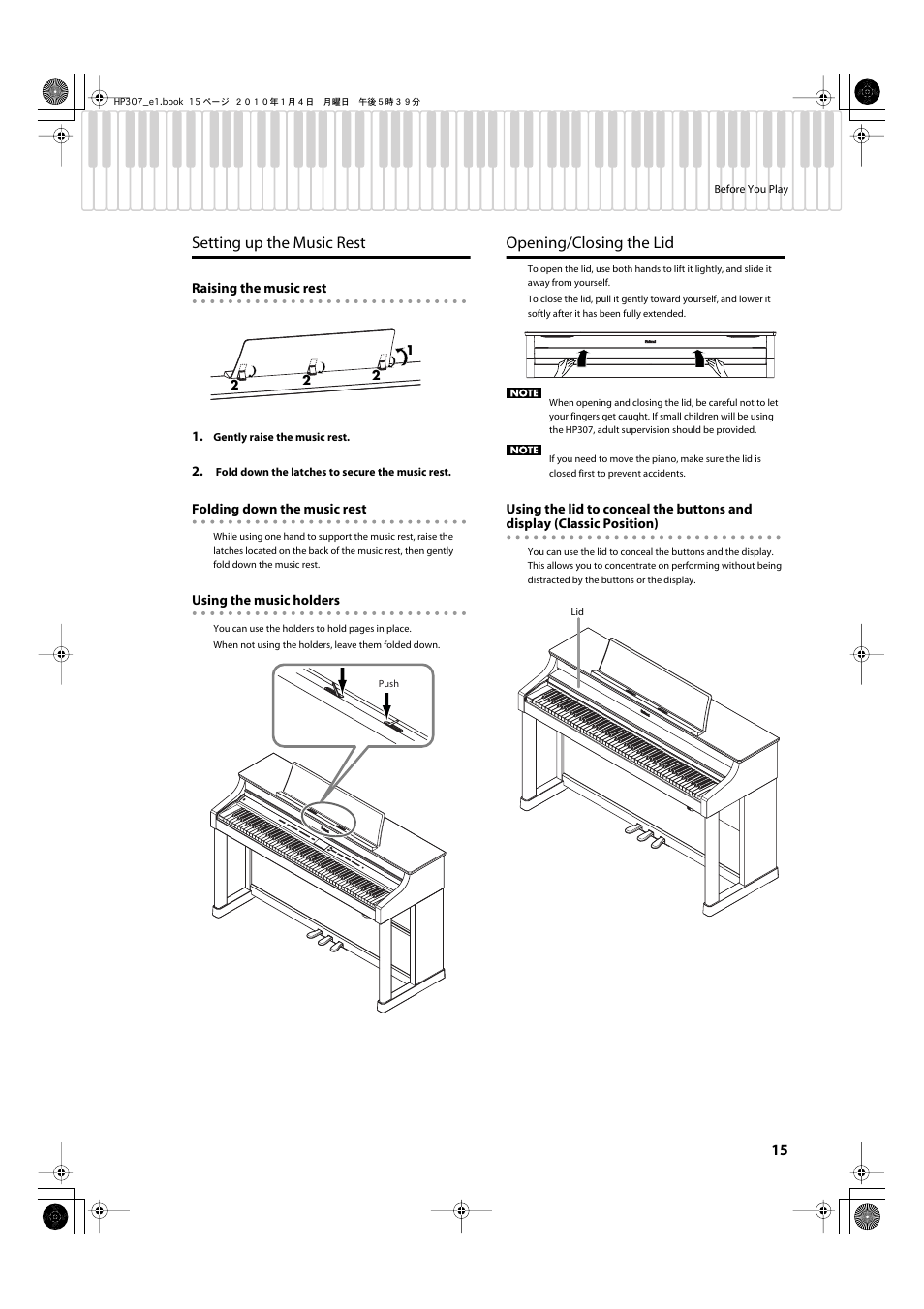 Setting up the music rest, Opening/closing the lid, Setting up the music rest opening/closing the lid | Roland HP-307 User Manual | Page 13 / 88