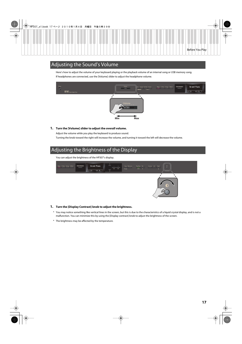 Adjusting the sound’s volume, Adjusting the brightness of the display, Adjusts the overall volume of the hp307 (p. 17) | This adjusts the brightness of the screen (p. 17), P. 17) | Roland HP-307 User Manual | Page 15 / 88