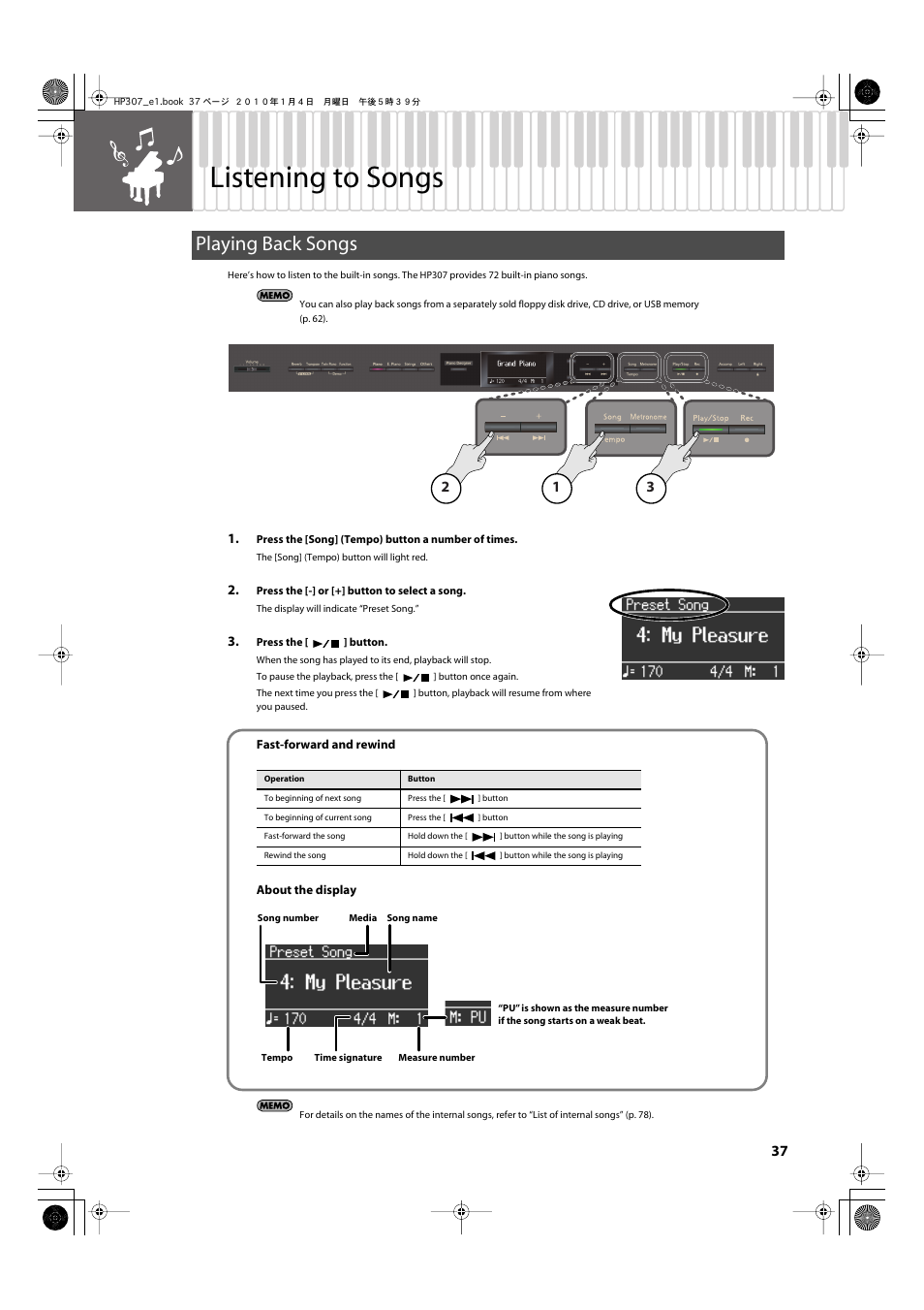 Listening to songs, Playing back songs, Select a song (p. 37) | Fast-forward/rewind a song (p. 37), P. 37), Recorded performance (p. 37) | Roland HP-307 User Manual | Page 35 / 88